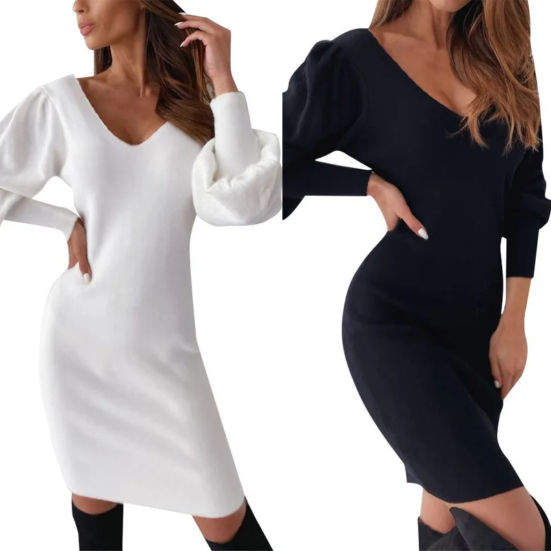 

Hot Sale Winter Dress Women Slim V-neck Lantern Sleeve Mini Dresses Ladies Sexy Backless Lace Patchwork Dress Vestidos De Fiesta