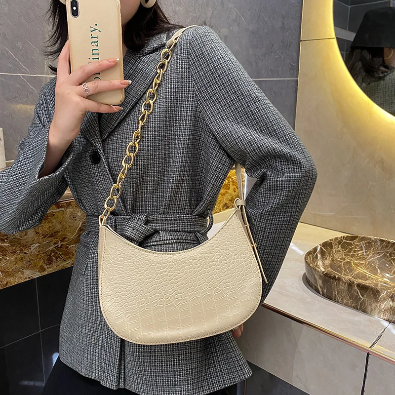 

2021 Shoulder Bag Female Solid Color PU Leather Totes Chain Handbags Purse Crossbody Bags Vintage Alligator Hobos Bags For Women