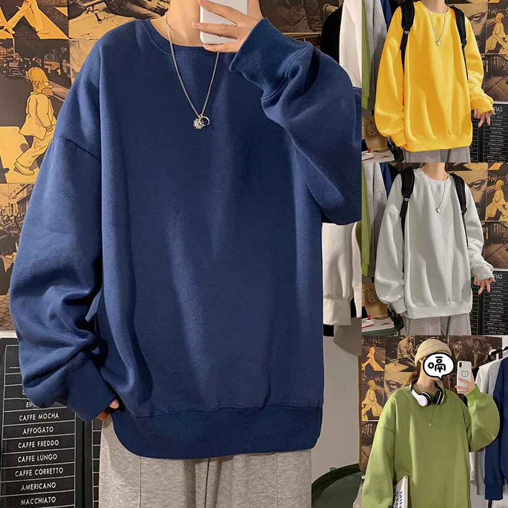 

Mens Fashion Warm Sweater Solid Color Long-sleeved T-shirt Loose Plus Velvet Warm Pullover Long-sleeved Trendy Loose Pullover