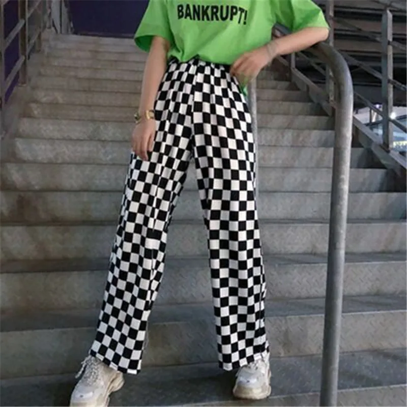 

Streetwear Plaid Women Pants Elastic Waist Full Length Checkered Black and White Casual Loose Straight Trousers Woman Pants