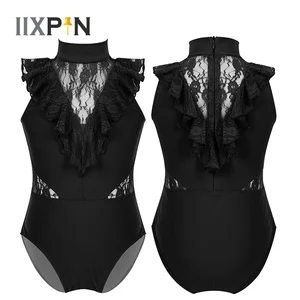 Гимнастическое трико для девочек, балетное трико, без рукавов, с оборками, с кружевом, с застежкой-молнией сзади, балетный танцевальный костюм, детский комбинезон