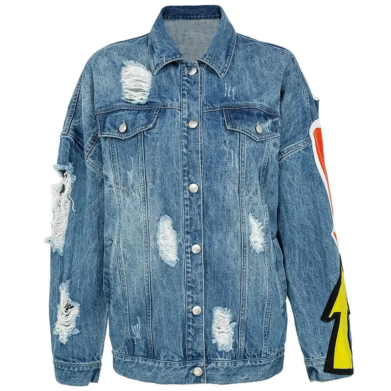 

Women's Denim Jacket Korean Embroidery Print 2021 New Female Outwear Long Coat Harajuku Plus Size Gothic Streetwear