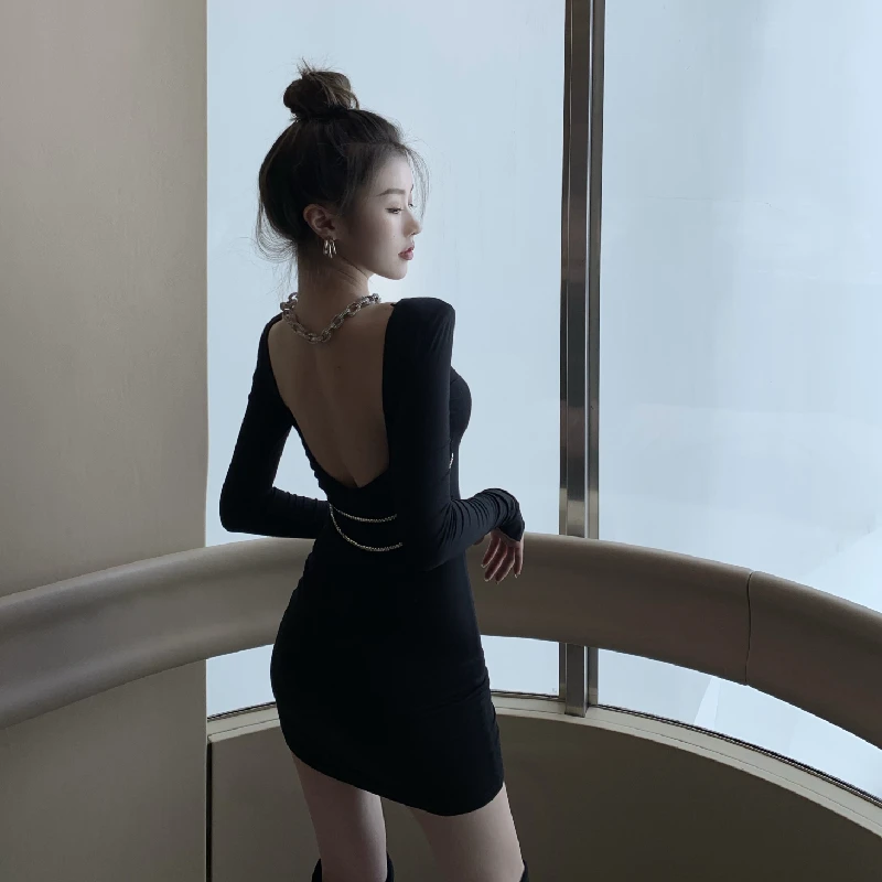 

New sexy halter dress female autumn diamond chain slim slim hip dress