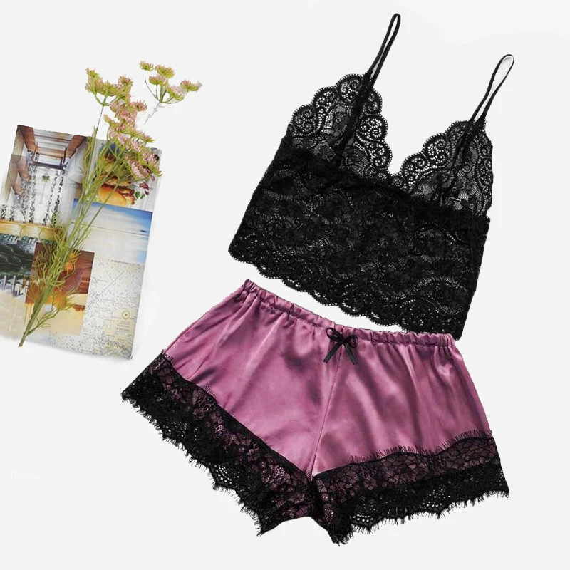 Пижама женская кружевная с V-образным вырезом и шортами | Женская одежда