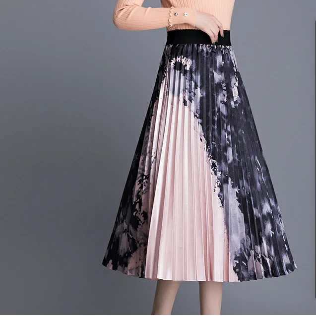 Женская плиссированная юбка средней длины розовая трапециевидная с чернильным