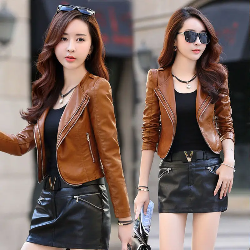 

Новинка 2020, модная женская кожаная мотоциклетная короткая весенне-осенняя одежда, женская кожаная куртка, женское кожаное пальто черного ц...