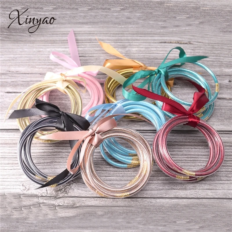 

ALL Weather Glitter Filled Bangles Stack Silicone Circles Bangles Women Bowknot Jelly Bangles SERENITY PRAYER Jewelry 5 Pcs Set