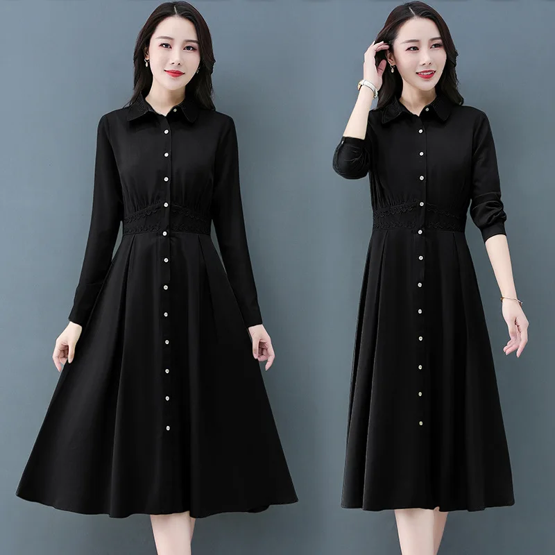 Женское платье с длинным рукавом Кружевное платье-рубашка средней длины