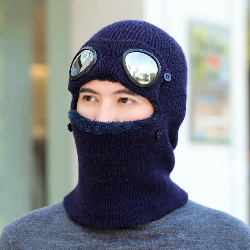 Двойная утолщенная зимняя вязаная шапка теплая Skullies Лыжная шерстяная и очки для