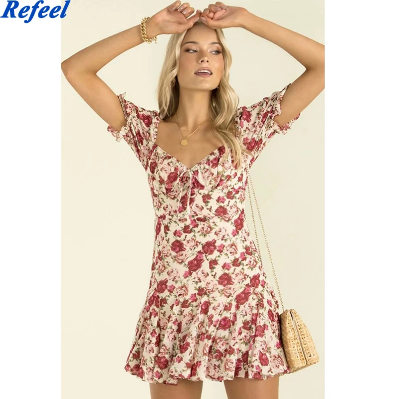 

Модное женское летнее платье с квадратным вырезом и цветами розы, шикарное женское мини-платье с коротким рукавом, платья