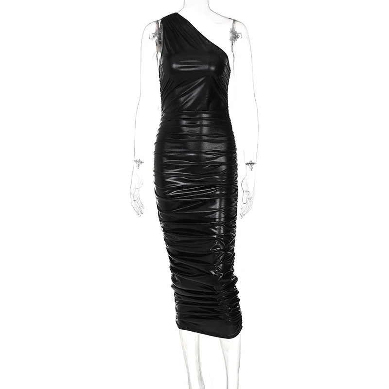 Hugcitar 2021 облегающее однотонное кожаное платье макси на одно плечо летние женские