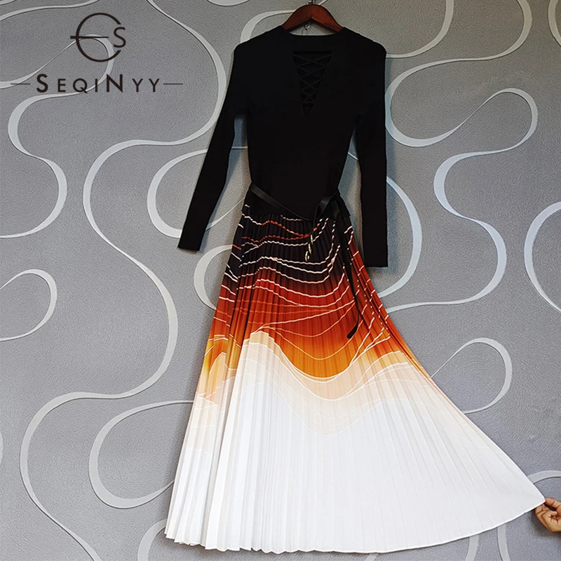 

SEQINYY Autumn Spring Dress New Fashion Design Women Runway Elegant Black Knitting Spliced Orange Print Pleated Midi with Belt