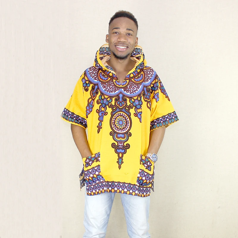 

African Clothing Yellow Cotton African Dashiki Printing Pockets Tops Short Sleeve Shirt With Hood