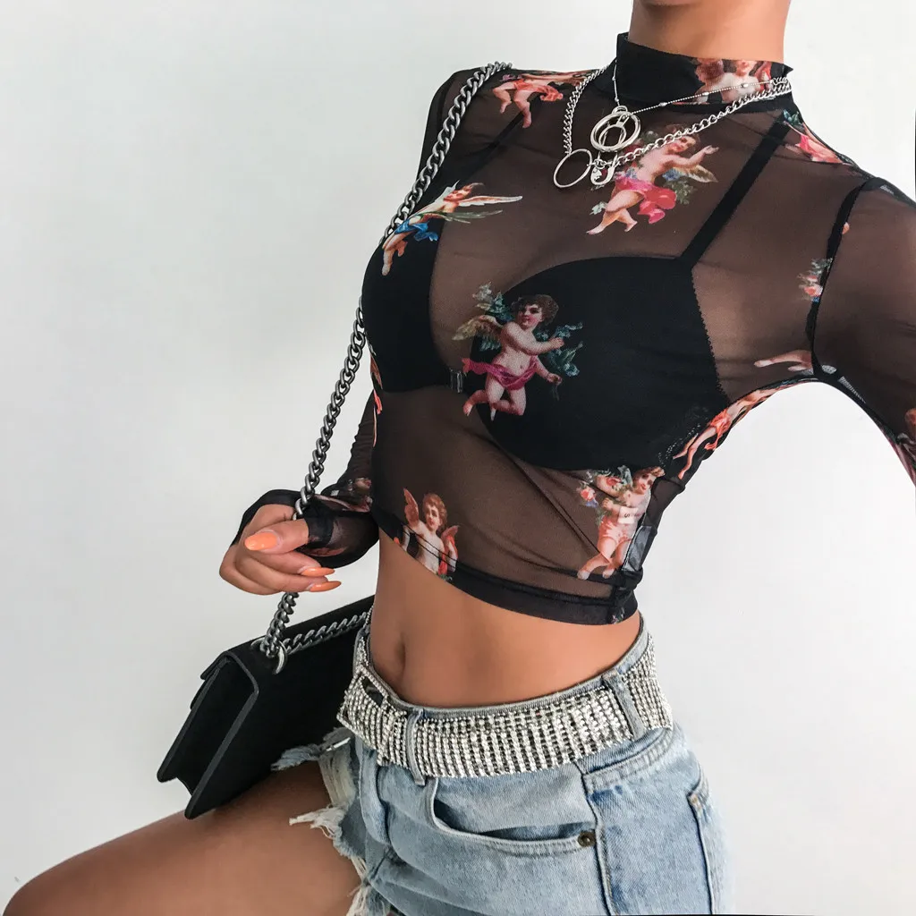 Fashion Women Turtleneck Long Sleeve Small Angle Print Short Navel Top Shirt Femme Blusas Mujer De Moda | Женская одежда