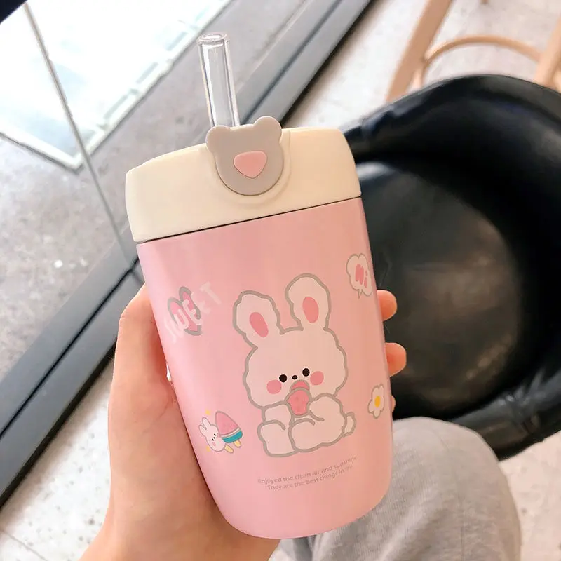 

320ML Cute Kids Straw Water Bottle Kawaii Bear Thermos Bottle Insulated Stainless Steel Student Girls Thermal Drink Bottles
