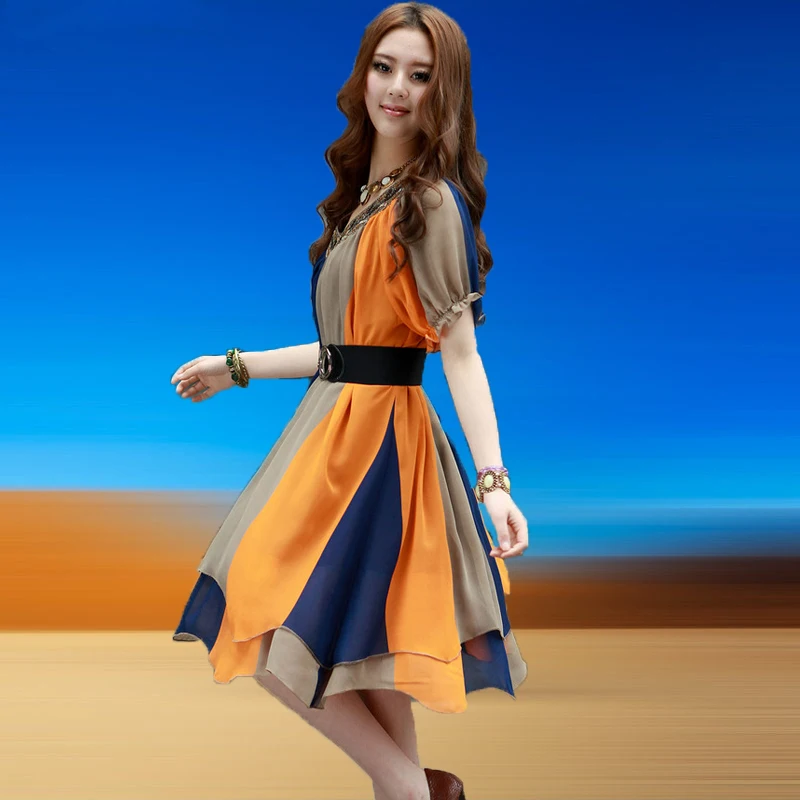 

Dress summer women's short sleeve medium length fashion casual slim 2021 new slim Pullover large Chiffon Skirt