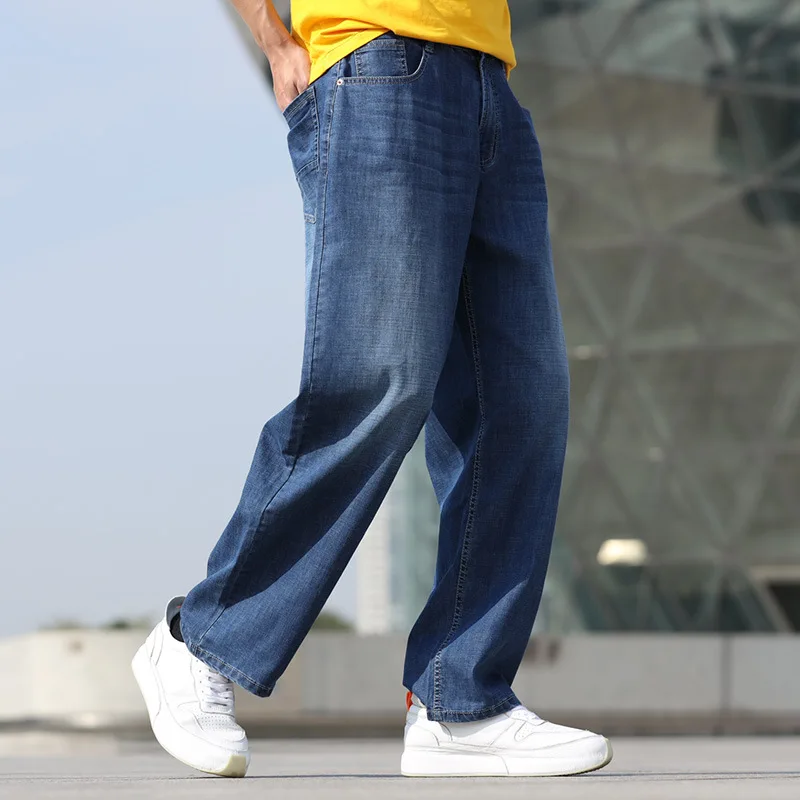 Summer Thin Section Breathable Size Mens Jeans Harem Hip Hop Denim Trousers Streetwear Blue Loose Fashion Wide Leg Daddy Pants