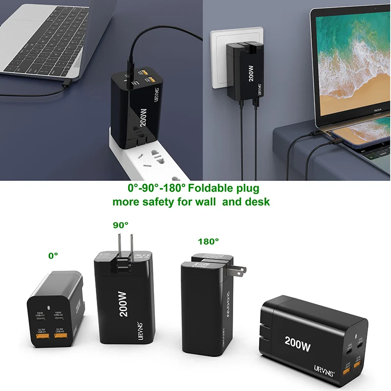 Сетевое зарядное устройство URVNS 200 Вт GaN USB C с 4 портами PD 100 PPS 45 QC4 SCP для ноутбуков
