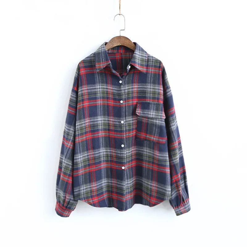 Navy blue Johnature, женские клетчатые рубашки, корейский стиль, осень, новинка, карманы, длинный рукав, блузки, Ретро стиль, женская одежда, Harajuku, рубашка на пуговицах - Цвет: Navy blue