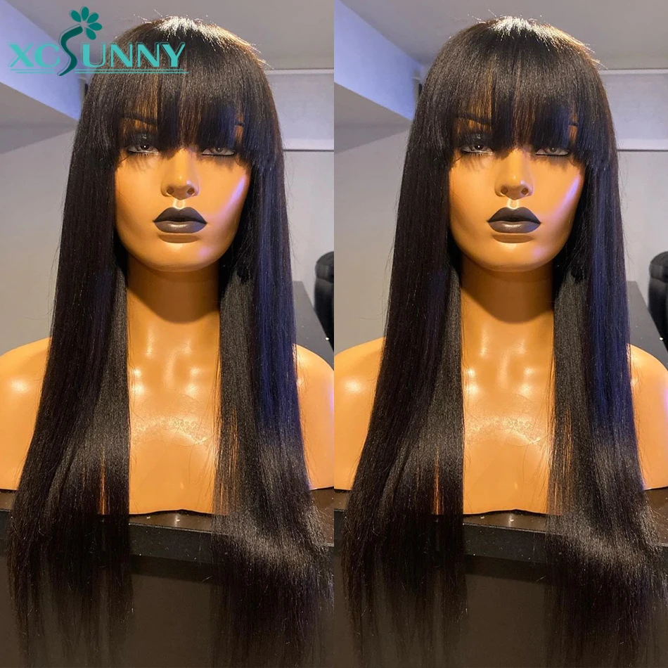 Прямые передние парики из человеческих волос на сетке с челкой 13x4 передний парик