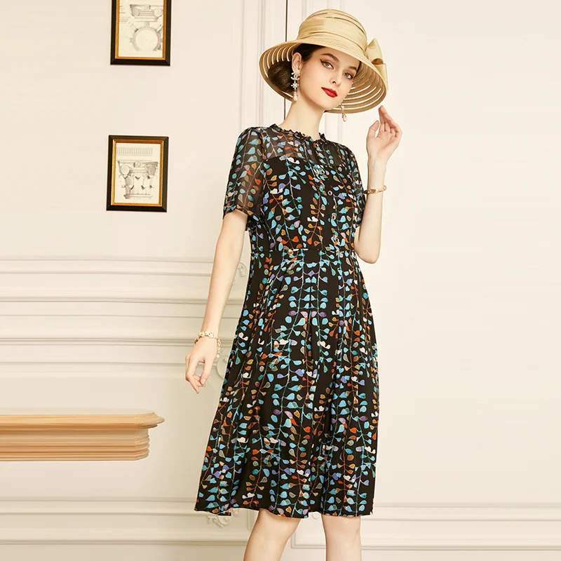 

SHZQ Silk Dress 2021 New Round Neck Short Sleeve Black Mulberry Silk Skirt Female Summer Foreign Style