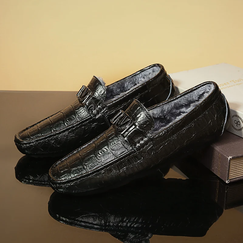 

Мокасины мужские кожаные, плюшевые лоферы, повседневная обувь для вождения, без застежки, плоская подошва, меховые, черные, зима