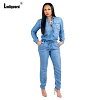 ladiguard plus size women fashion jeans light blue demin jumpsuit long sleeve skinny denim bodysuits 2021 waist bandage overalls