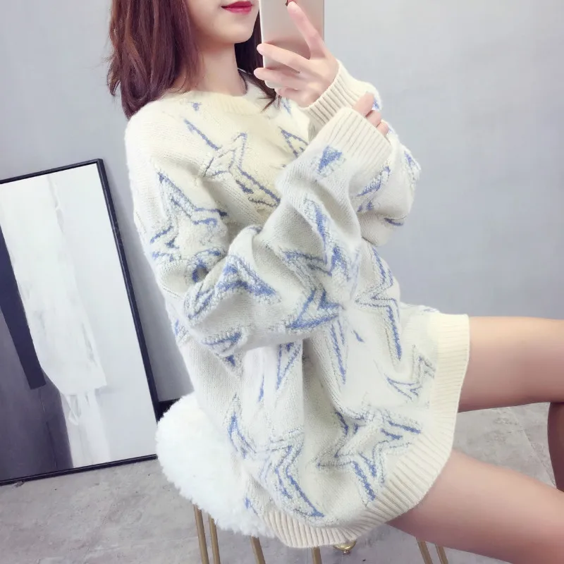 Осенне-зимний свитер свободного покроя для женщин трикотажная одежда ленивый ветер круглый вырез пятиконечная звезда жаккардовый пуловер для женщин