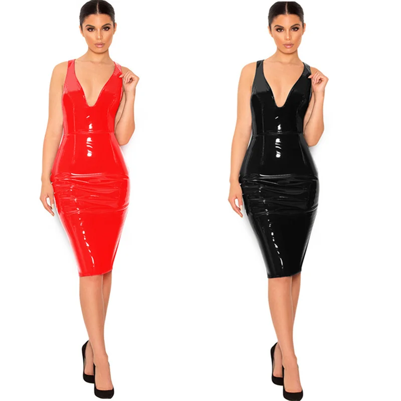 

Новые облегающие платья из искусственной кожи красного и черного цвета, женское сексуальное осенне-зимнее платье до колена с глубоким V-образным вырезом, Женская Клубная одежда