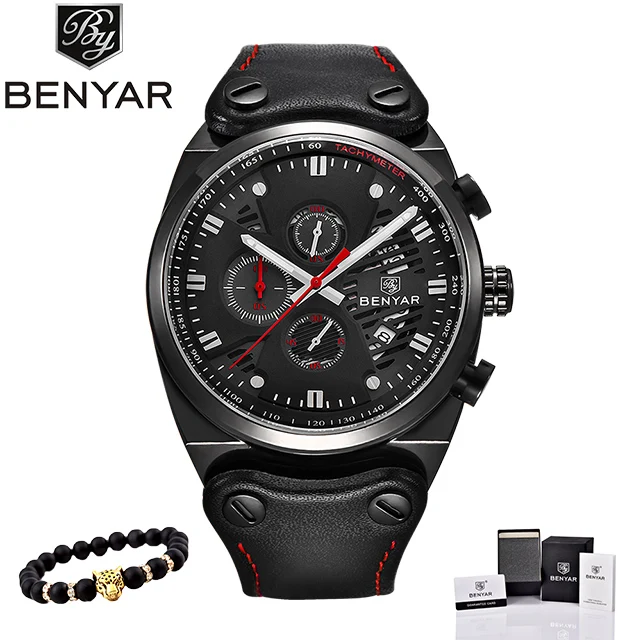 L-black red Benyar часы мужские роскошные Топ бренд мужские s водонепроницаемые часы мужские спортивные наручные часы Мужские часы с кожаным ремешком Relogio Masculino - Цвет: L-black red