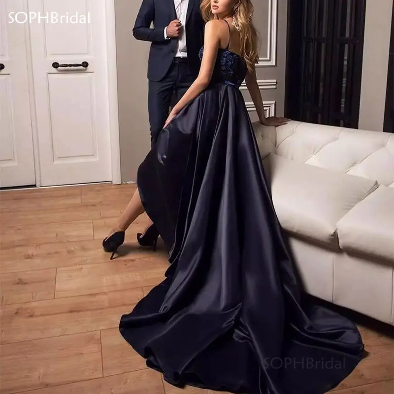

New Brilliant Sweetheart A-Line Evening Dress Nave Blue Sleeveless Front short Long Back Satin Formal Party Dress Robe de Soire