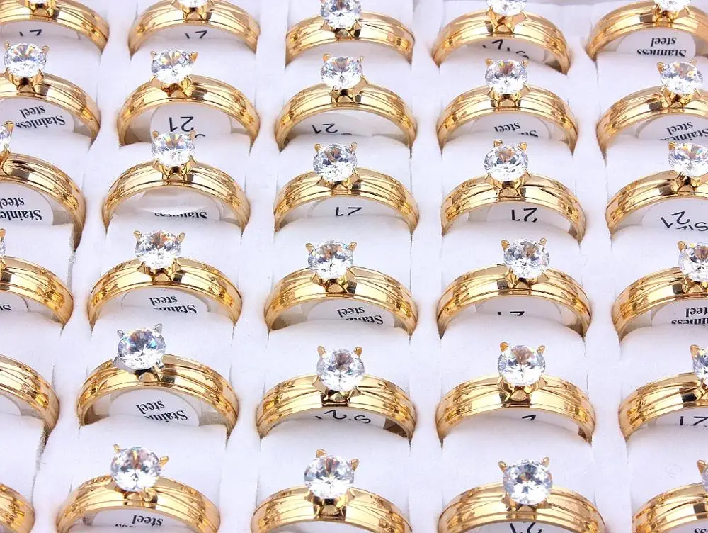 Оптовая продажа оптом 30 шт. золота CZ инкрустация камень кольцо из нержавеющей