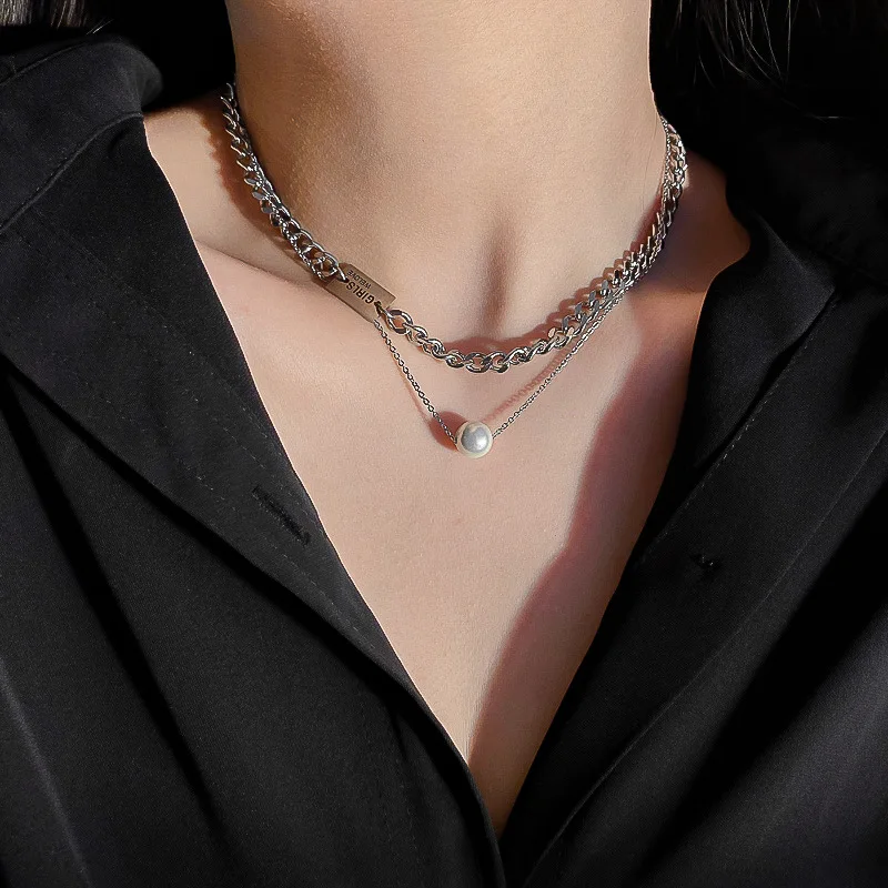 

European And American Fashion Exaggerated Punk Style Simple Trend Fresh Water Pearl Double-layer Brand Pendant Necklace