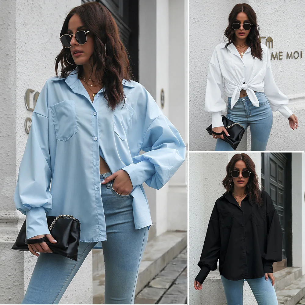 

Spring Autumn Women Shirts White Plain Loose Oversized Blouses Female Tops Loose Fall Clothes Outfits Long Sleeve Elegant