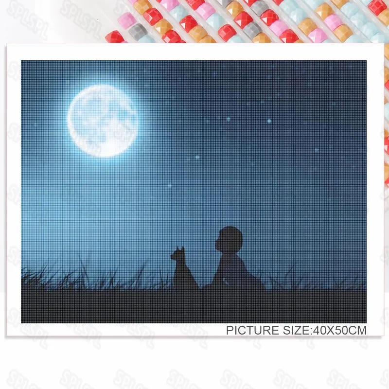 

Scenic Diamond Paintings Big Moon Alone Admiring The Beautiful Night View Kids and Pets Watching Moon Together Bedroom Picture