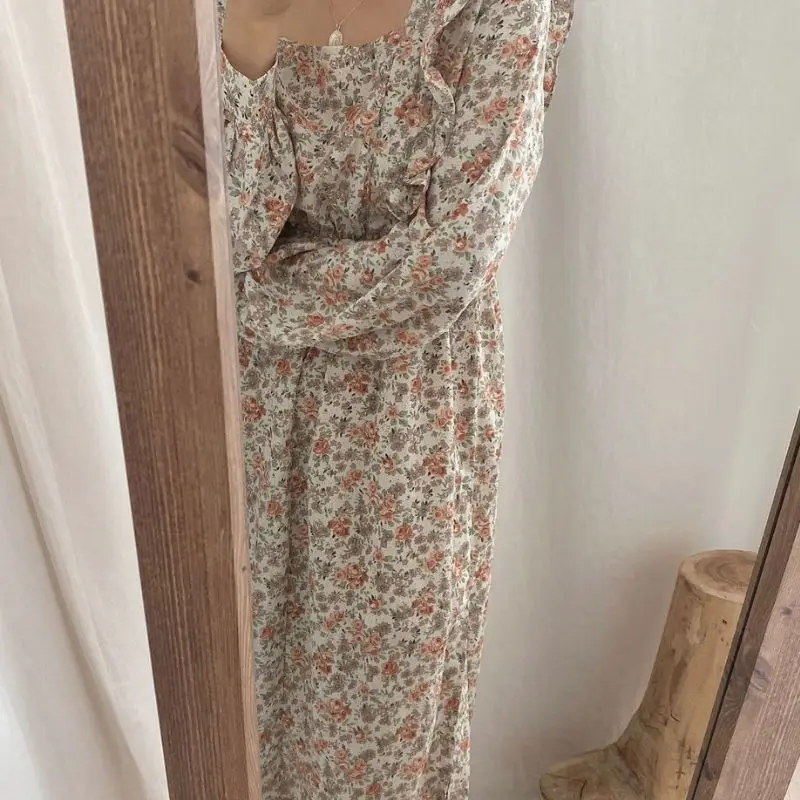

Square Collar Clavicle Exposed Sexy Dress Women High Waist Hip A Line Long Vestidos Print Puff Long Sleeve Robe Spring