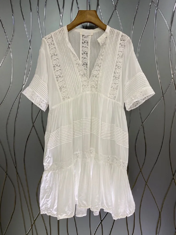 2021 Summer Fashion White Dress High Quality Women V-Neck Hollow Out Lace Patchwork Short Sleeve Casual Boho Dress Clothing