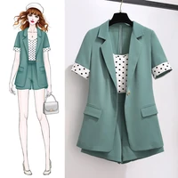 2020 new summer women three piece sets office polka dot tops shorts solid pants female work ladies suit casual plus size h142