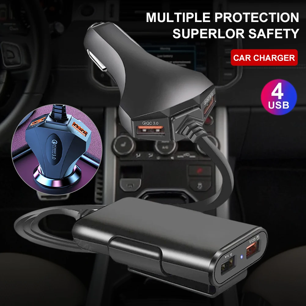 

4 In 1 QC3.0 Fast Charge Car Charger Car Lighter Charger Adapter Multi USB Car Charger Front and Back Seat Vehicle Charger