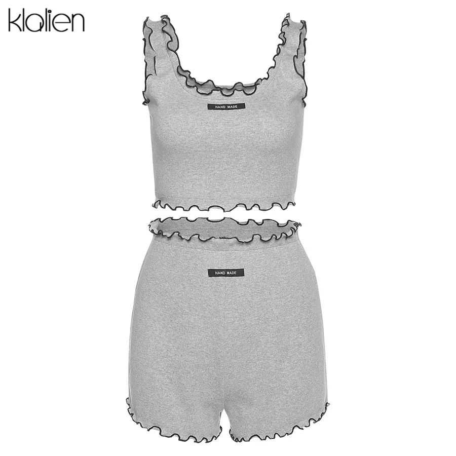 KLALIEN summer women casual two piece set leisure print letter gray cotton top and short activewear sport outfit |