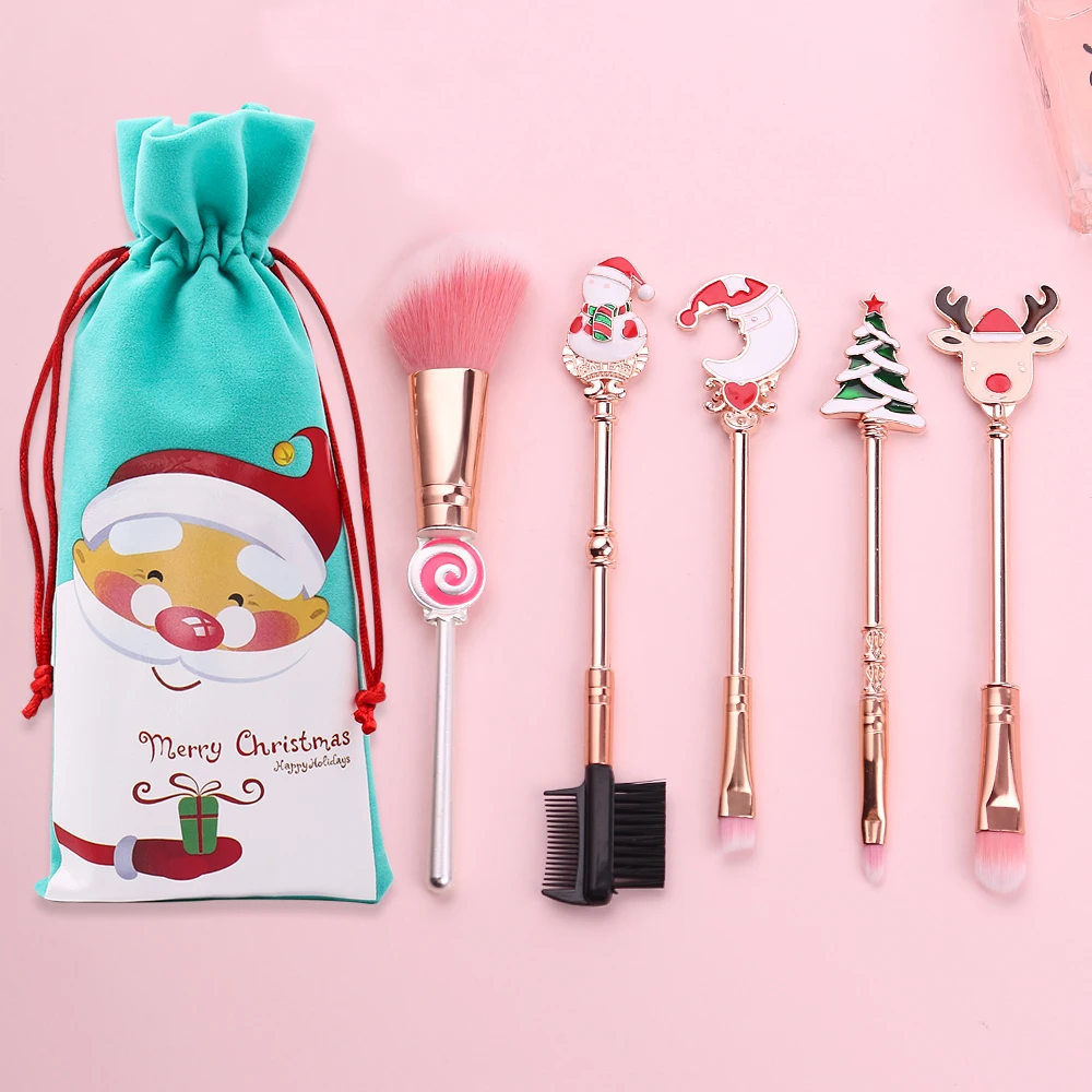 НОВАЯ РОЖДЕСТВЕНСКАЯ Кисть для макияжа Candy, милый мини-набор для макияжа с изображением оленя и конфет, шесть упаковок+ бархатная сумка