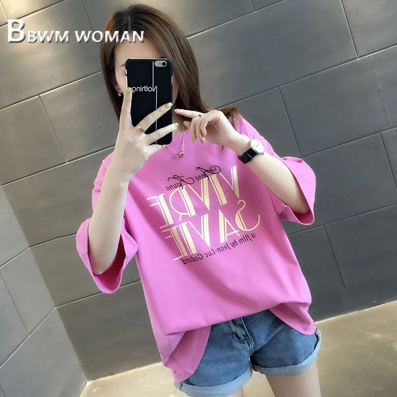 Женская длинная футболка размера плюс 2019 корейские женские футболки с рукавом до