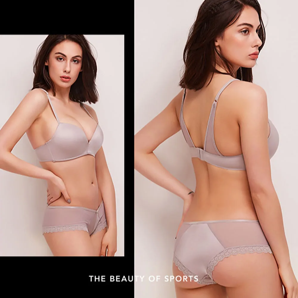 

Sexy deep V logo Back Double Wearing Shoulder Strap Comfortable Adjustable Gathered Smooth Softness Bra Lace Underwear Suit
