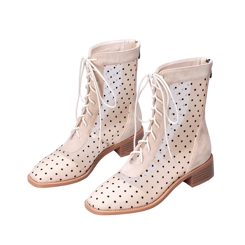 Harga Ins Bergaya Kulit Hitam Wanita Musim Panas Sepatu Med Hak Square Wanita Seksi Air Mesh Model Boots Fashion Titik Renda Sepatu Bot Setinggi Lutut