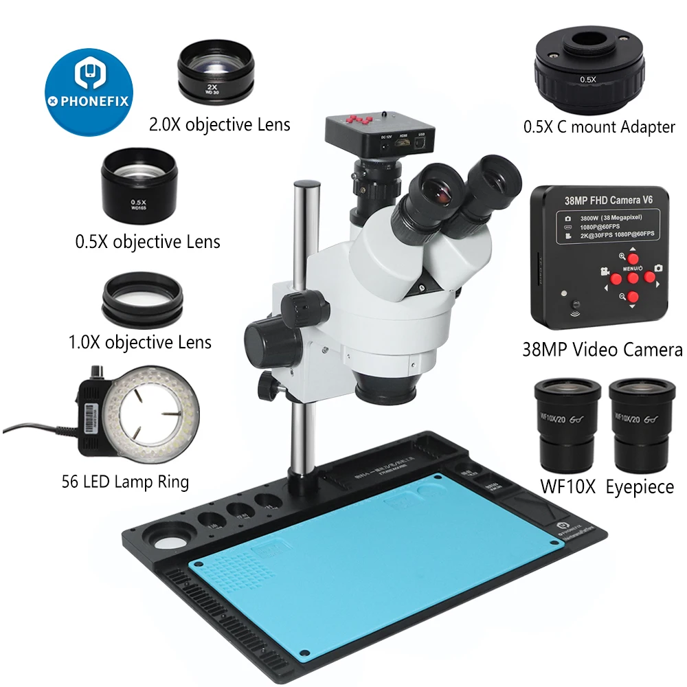 

Phone PCB Soldering Repair Lab Industrial 3.5X-90X Simul-focal Trinocular Stereo Microscope 1080P 38MP HD USB Microscopio Camera