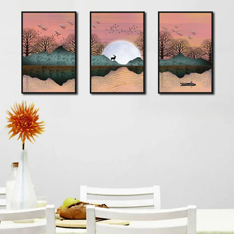 

Wall Art Abstract Tranquility Paintings Lake Boat Birds Nordic Canvas Posters Prints for Living Room Bedroom Corridor Decoration