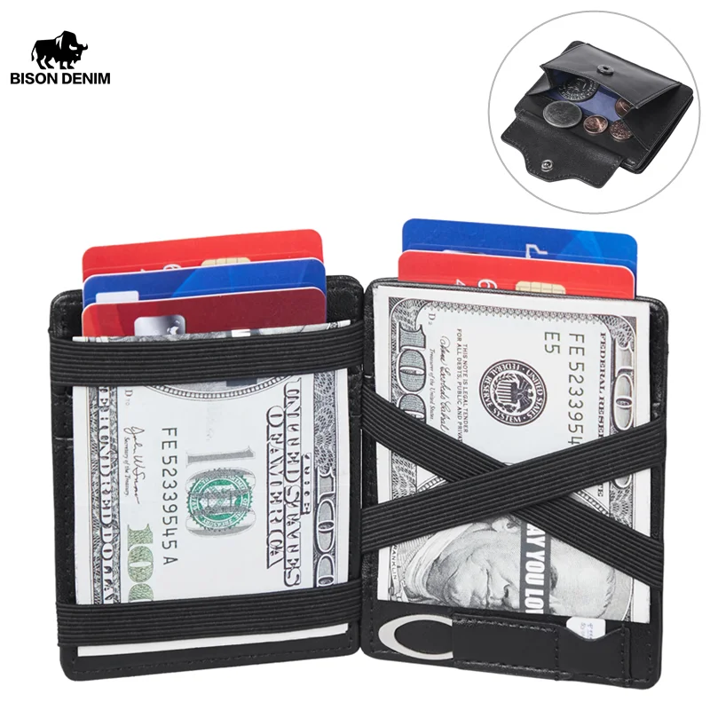 

BISON DENIM Genuine Leather Card Holder Magic Wallet Slim Bifold RFID Men Women Wallets Coin Pocket Mini Money Purse Cash Clip