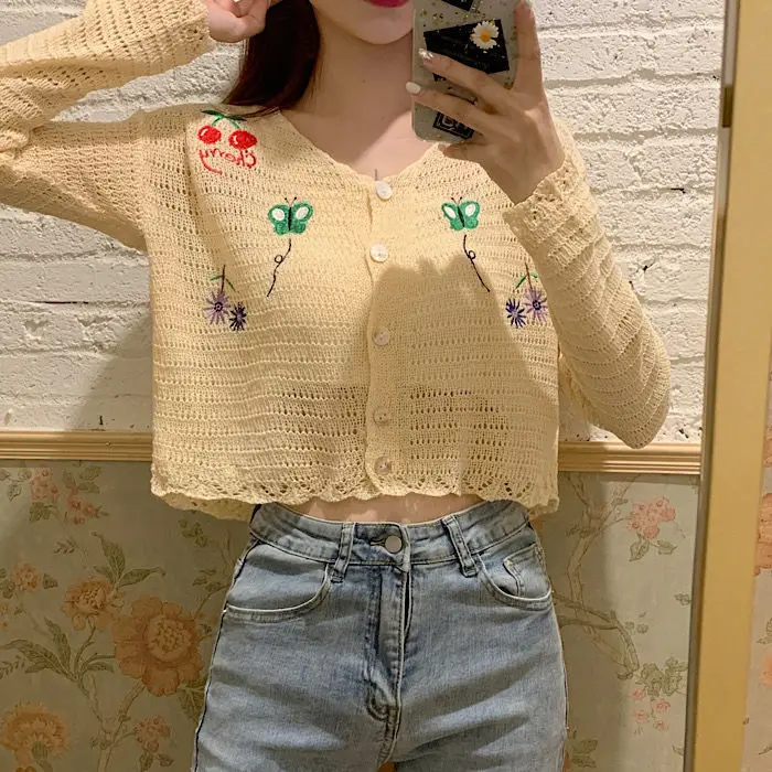 

2021 Spring Autumn Cardigan Women Vintage Embroidery Hollow All-match Single Breasted New Fashion Female Knitted Sweaters M31