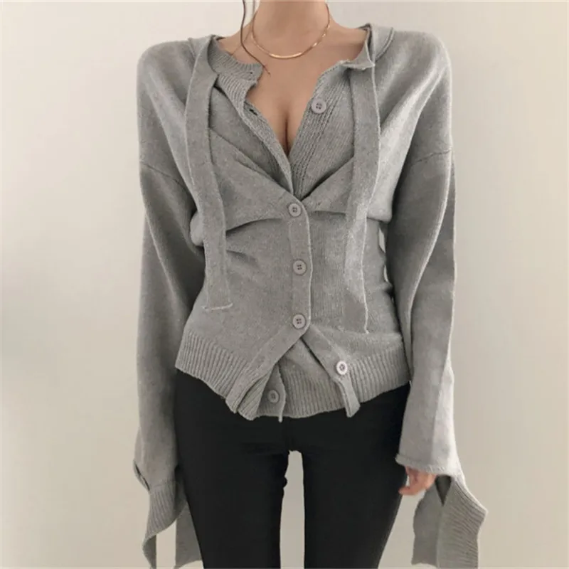 

Mazefeng New 2019 Autumn Winter Women's Sweaters Button Asymmetrical Tops Korean Style Knitting Cardigans Ladies Sexy One Size