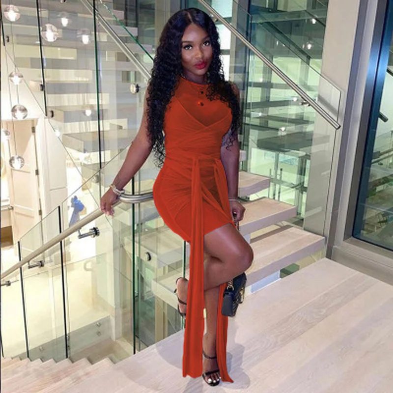 

Silk ribbon mesh full body party dress women's sexy tight mini skirt solid color sleeveless basic women's suit